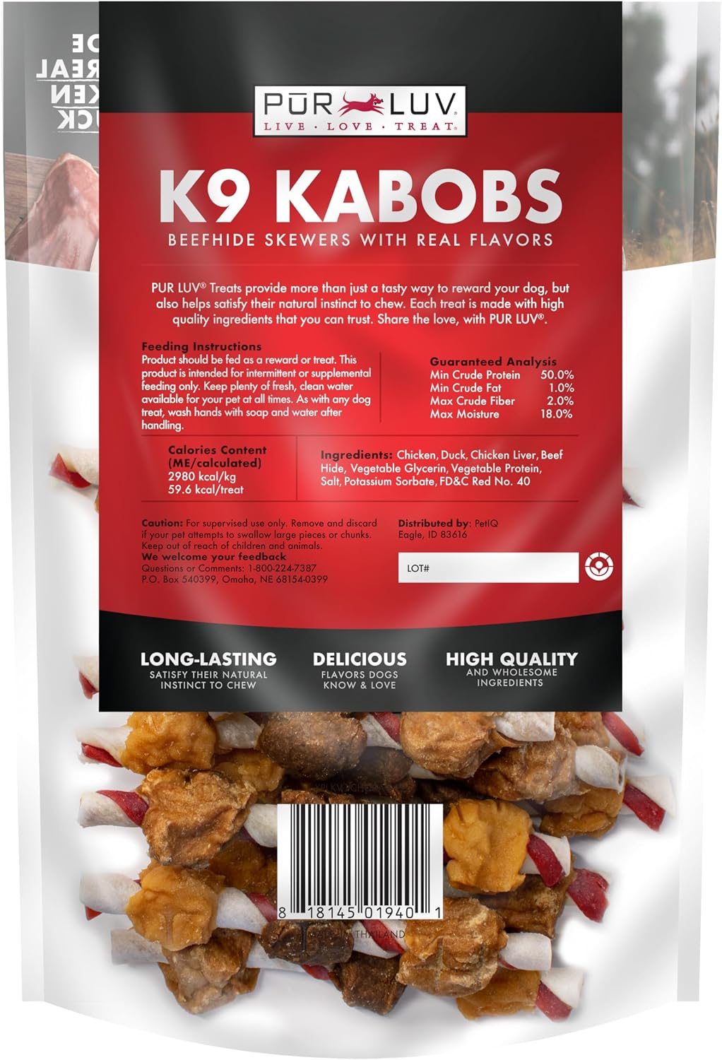 Pur Luv Dog Treats, K9 Kabobs Made with Real Chicken and Duck, 12 Ounces, Dog Snacks, Healthy, Easily Digestible, Long-Lasting, High Protein Treat, Satisfies Urge to Chew (Pack of 12)