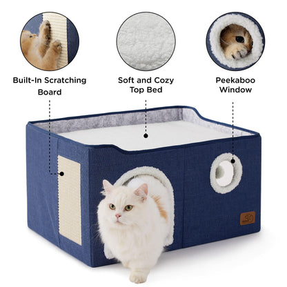 Bedsure Cat House Bed for Indoor Cats with Fluffy Ball and Scratch Pad,Grey