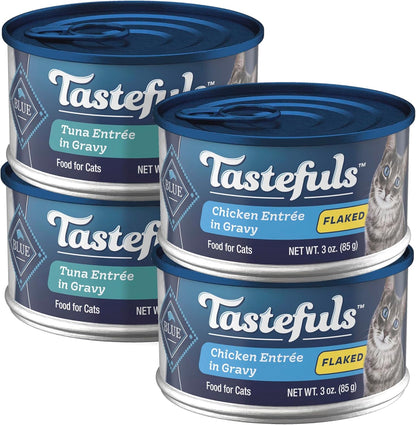 Blue Buffalo Tastefuls Wet Cat Food, Made with Natural Ingredients, Tuna and Chicken Flaked Entrées in Gravy, 3oz Cans, 4-Count Variety Pack Trial Size