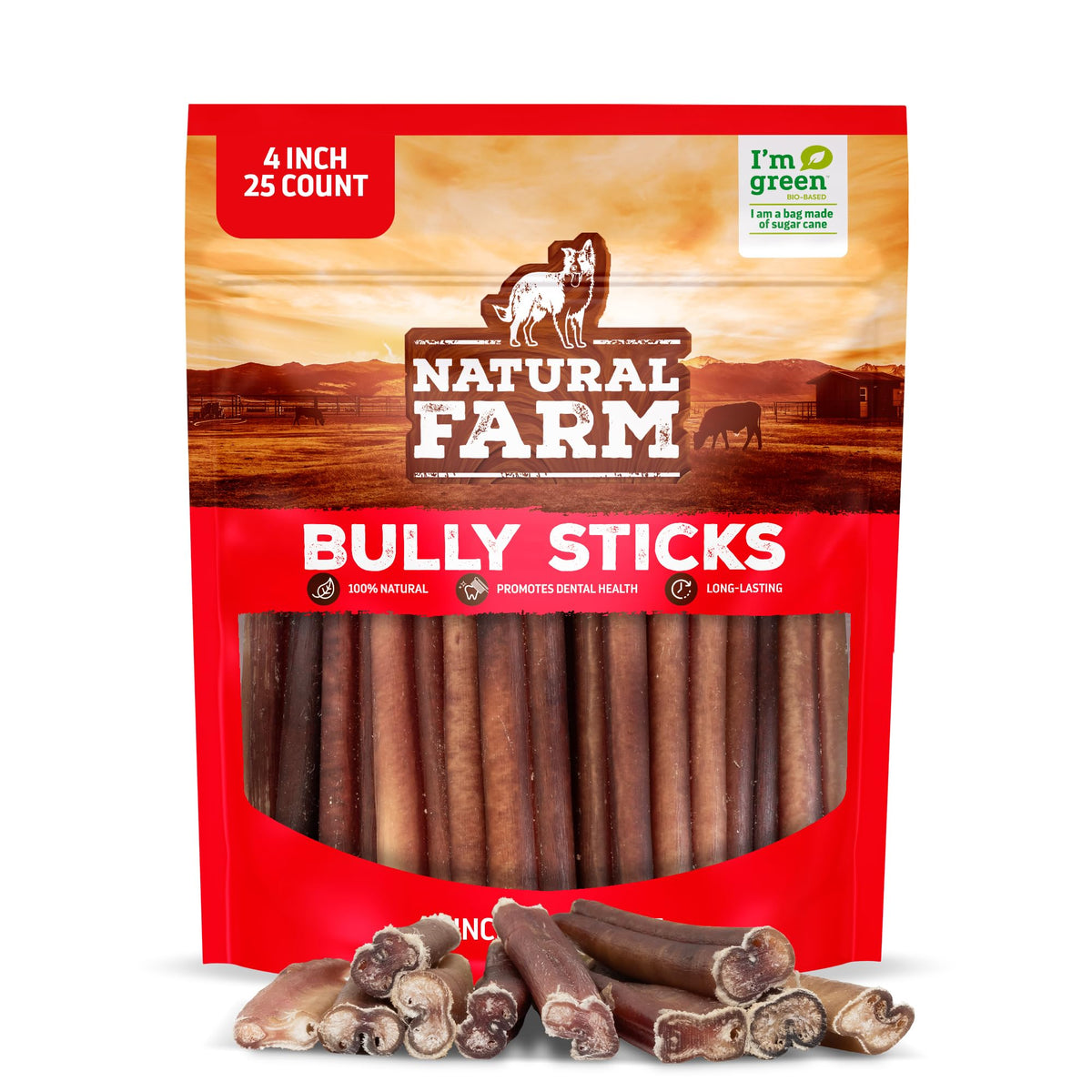 Natural Farm Odor-Free Bully Sticks (6 Inch, 25 count),1.3 lb. Bag, Fully Digestible 100% Beef Pizzle Chews,Grass-Fed, Non-GMO,Grain-Free, Natural Long-Lasting Chews for Small & Large Dogs. Pack of 25
