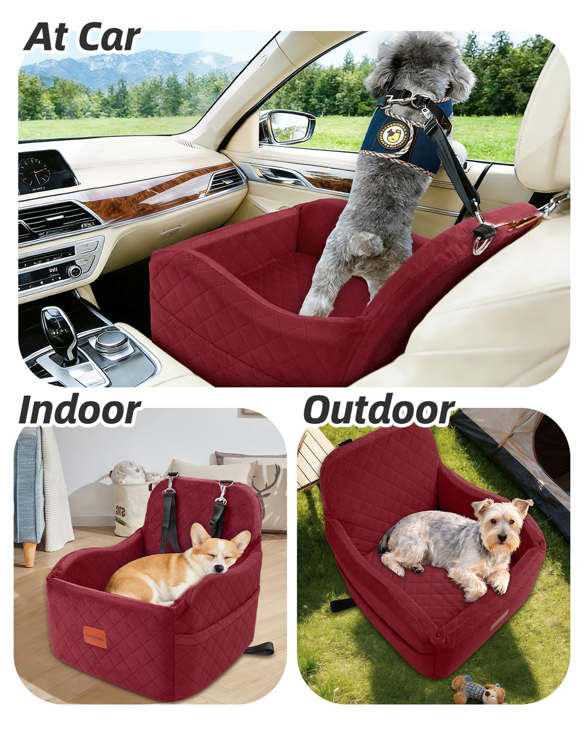 Lealchum Dog Booster Car Seat for S/M Dogs Up to 35lbs,Soft 6in Elevated Cushion,Fits in Front/Back Seat,Fully Detachable and Washable,2 Storage Pockets & 3 Straps,Easy to Install (Black/Brown,Medium)
