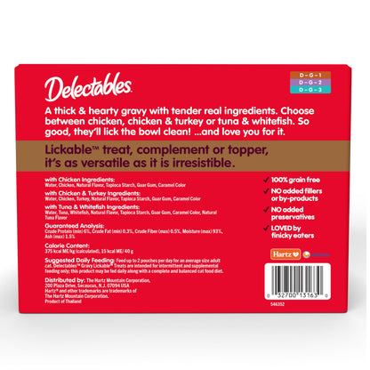 Delectables Lickable Treat Gravy Wet Cat Treat Variety Pack, Food Topper, Hydrating, Grain-Free, No Fillers, By-Products, Added Preservatives, 1.4oz Pouch, 12ct