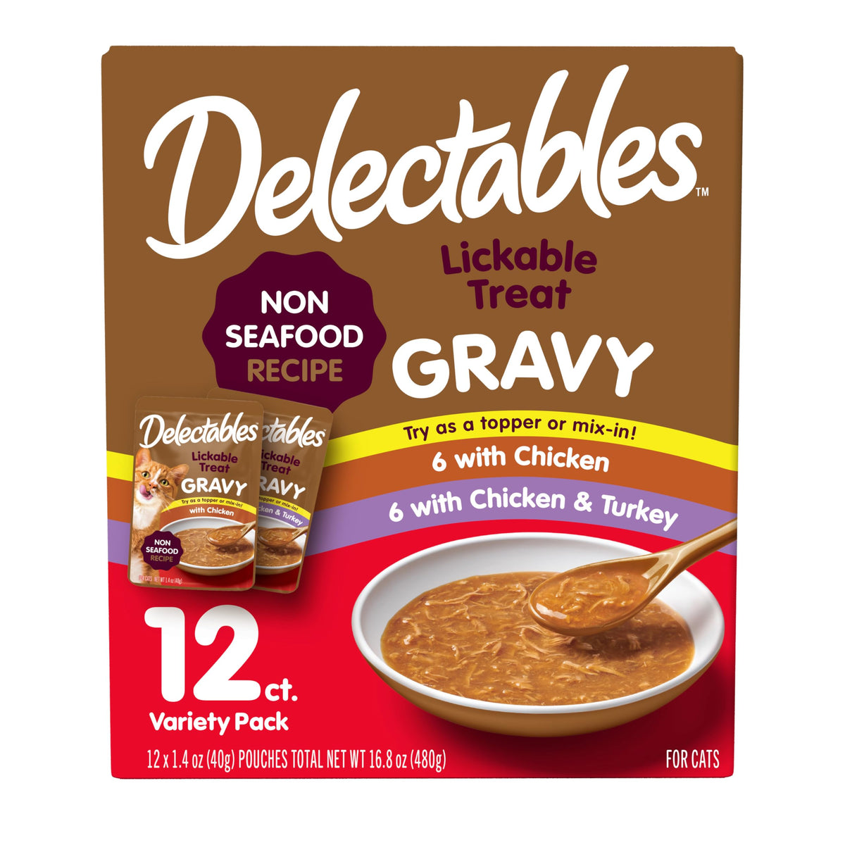 Delectables Lickable Treat Gravy Senior 10+ Variety Wet Cat Treat & Food Topper, Food Topper, Hydrating, Grain-Free, No Fillers, No by-Products, No Added Preservatives, 1.4-oz Pouch, 12 Count