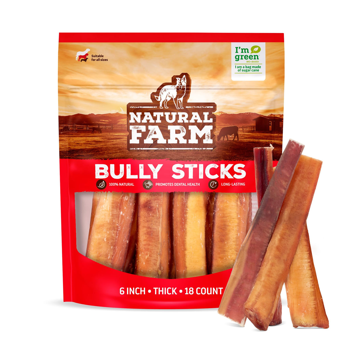 Natural Farm Odor-Free Bully Sticks (6 Inch, 25 count),1.3 lb. Bag, Fully Digestible 100% Beef Pizzle Chews,Grass-Fed, Non-GMO,Grain-Free, Natural Long-Lasting Chews for Small & Large Dogs. Pack of 25