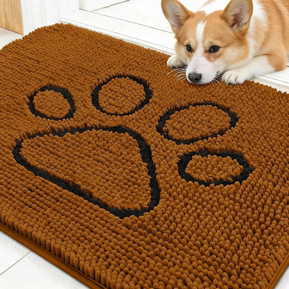 OLANLY Dog Door Mat for Muddy Paws 30x20, Paw Print Design Chenille Mud Mat