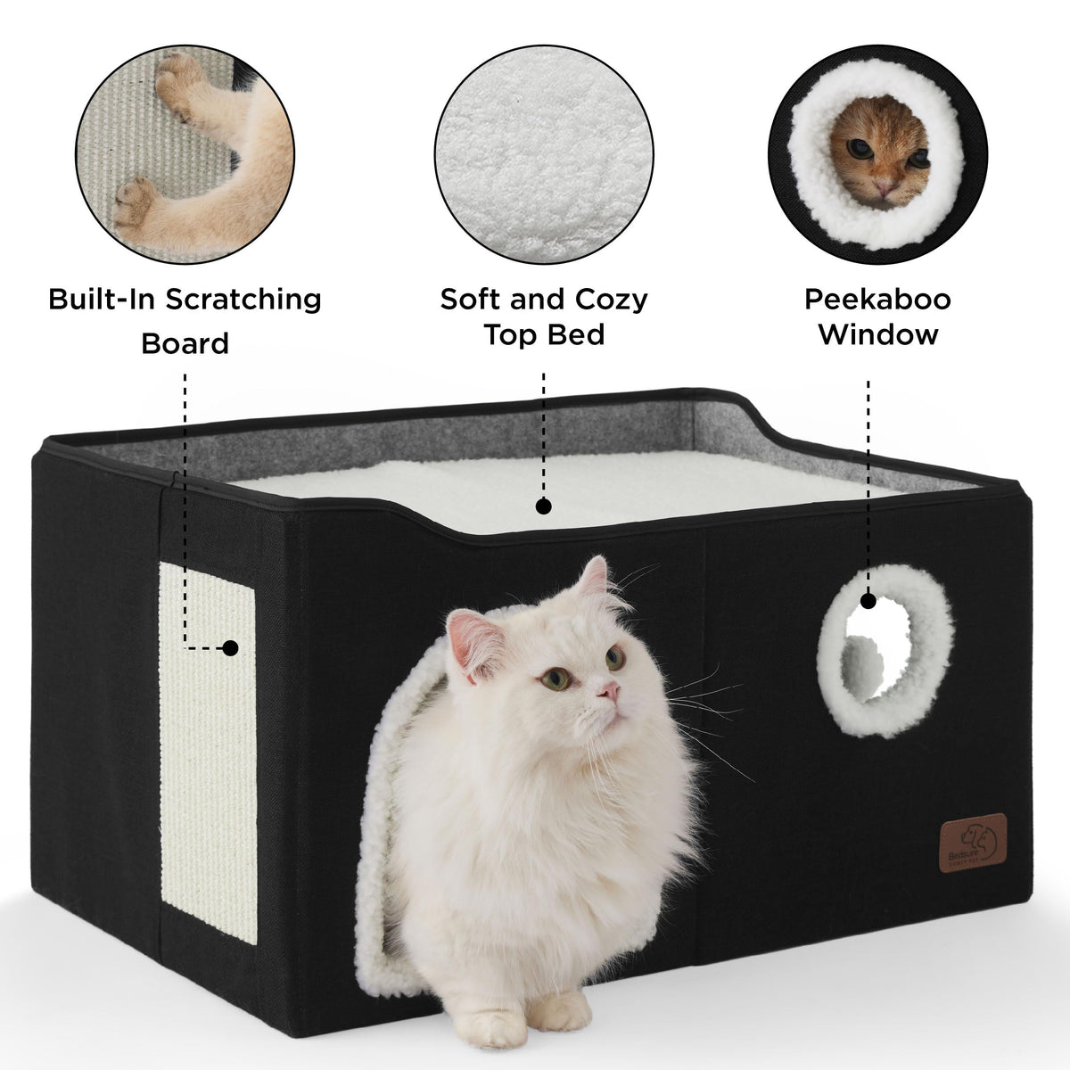 Bedsure Cat House Bed for Indoor Cats with Fluffy Ball and Scratch Pad,Grey