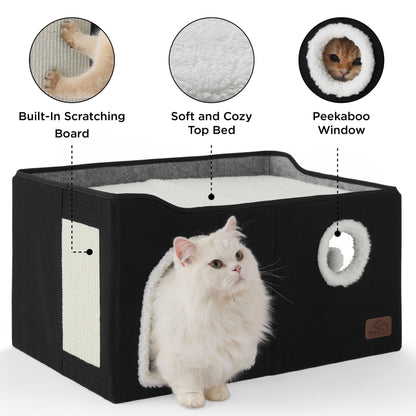 Bedsure Cat House Bed for Indoor Cats with Fluffy Ball and Scratch Pad,Grey