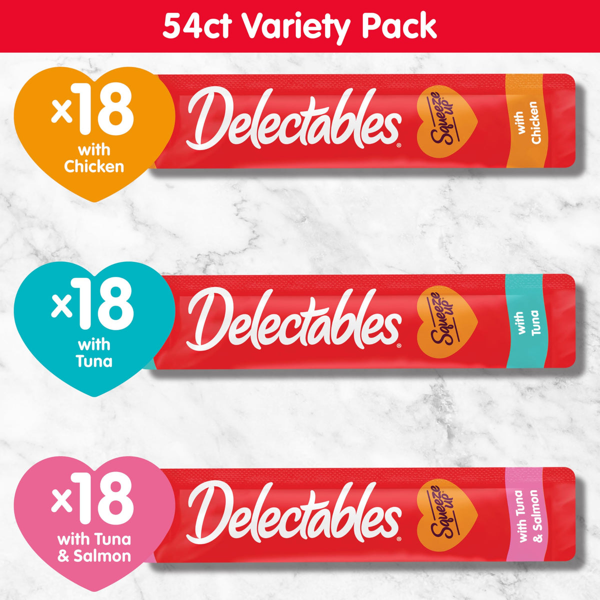Delectables Squeeze Up Variety Pack, Creamy Squeezable Puree, Lickable Wet Cat Treats, Grain Free, No Added Fillers, No by-Products, No Added Preservatives, 0.5 Ounces Tube, 72 Tubes Total