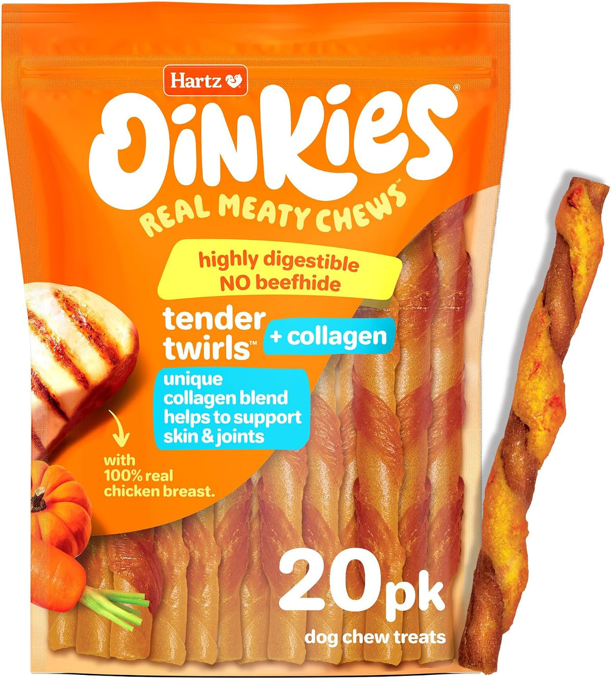 Hartz Oinkies Tender Twirls + Collagen Rawhide‑Free Dog Chews, 20 Count, 9.5 Ounce (Pack of 12)