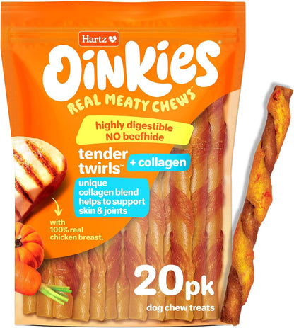 Hartz Oinkies Tender Twirls + Collagen Rawhide‑Free Dog Chews, 20 Count, 9.5 Ounce (Pack of 12)