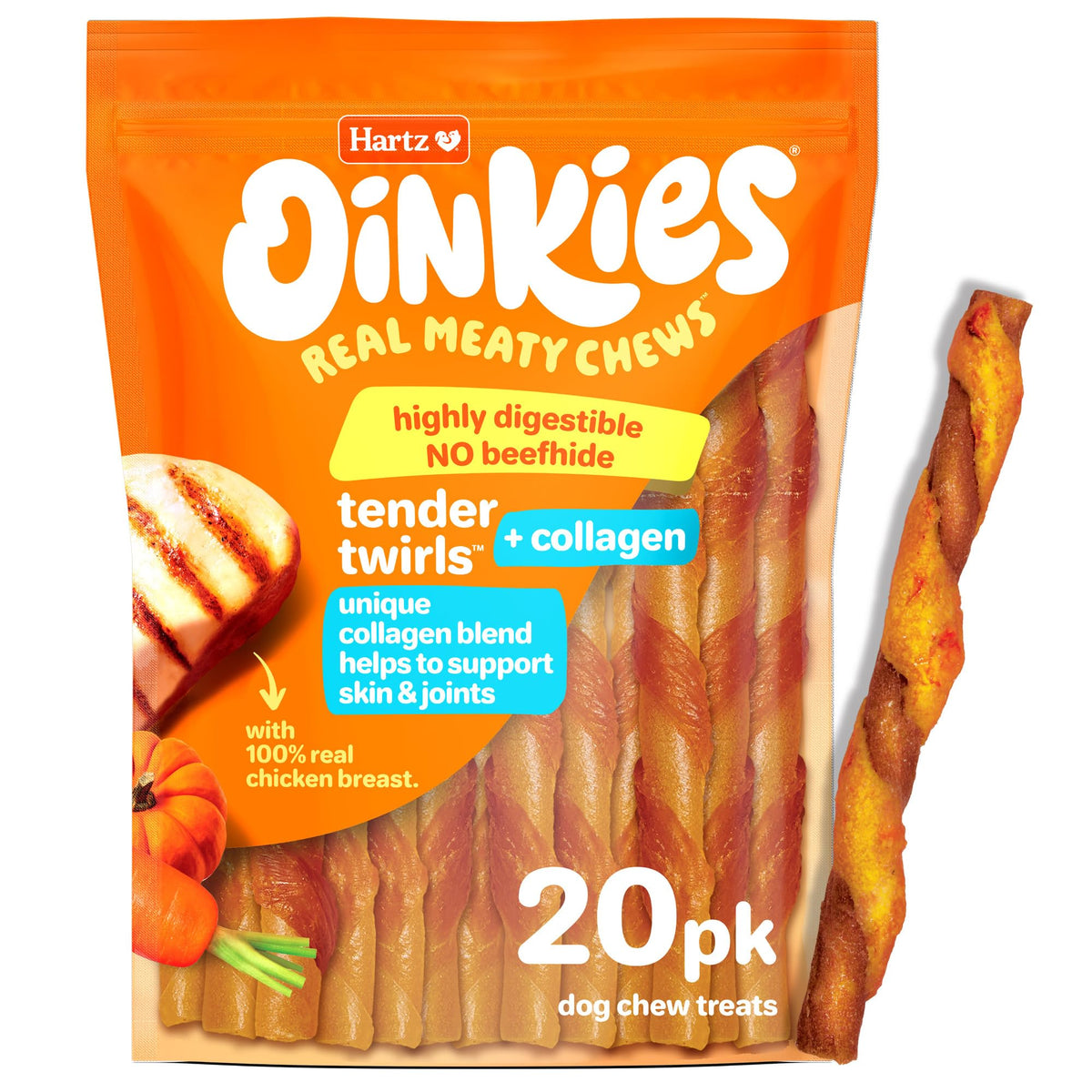 Hartz Oinkies Tender Twirls + Collagen Rawhide‑Free Dog Chews, 20 Count, 9.5 Ounce (Pack of 12)