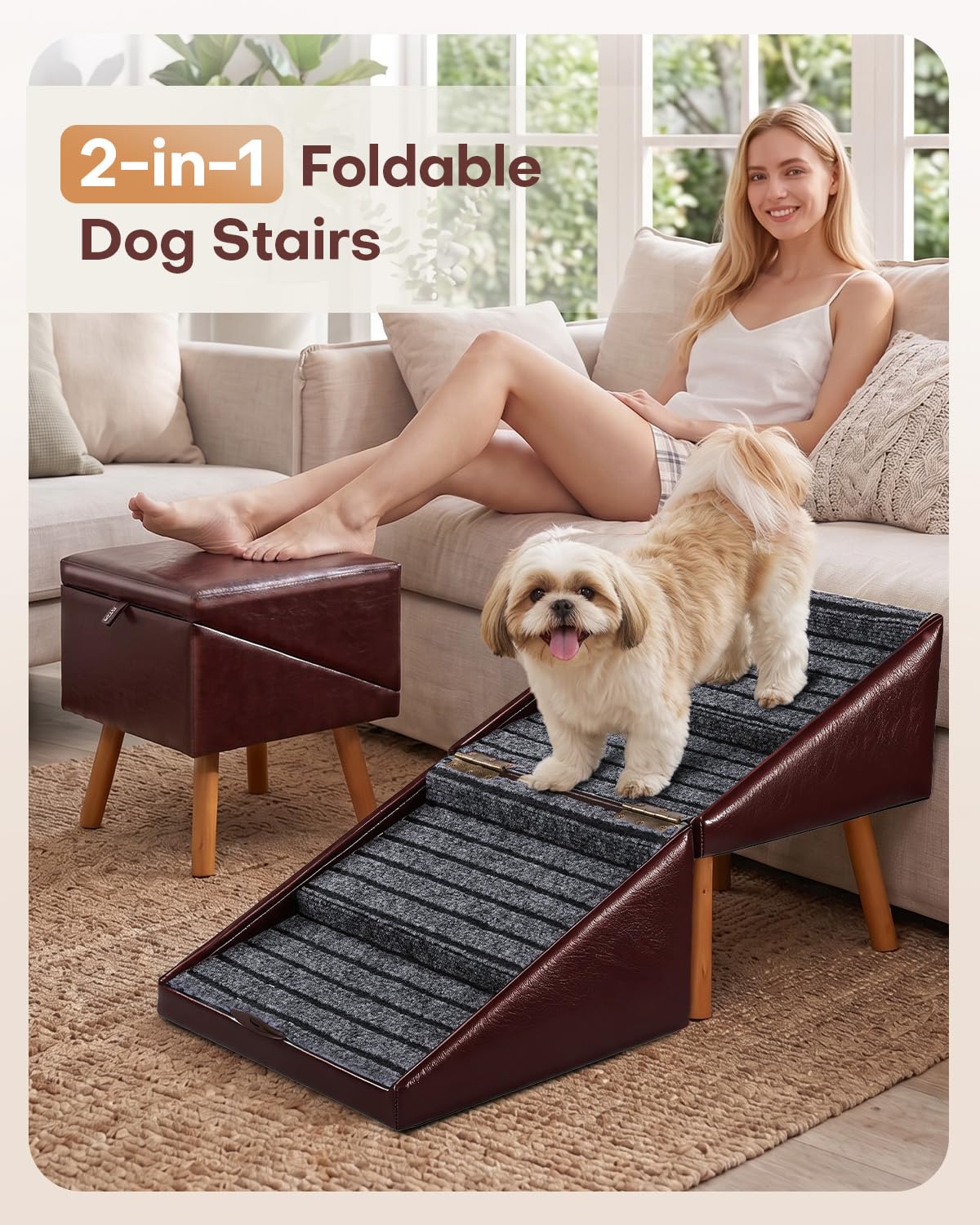 Dog Stairs for Small Dogs Faux Leather Foldable Pet Ramp and Ottoman