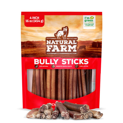 Natural Farm Odor-Free Bully Sticks (6 Inch, 25 count),1.3 lb. Bag, Fully Digestible 100% Beef Pizzle Chews,Grass-Fed, Non-GMO,Grain-Free, Natural Long-Lasting Chews for Small & Large Dogs. Pack of 25