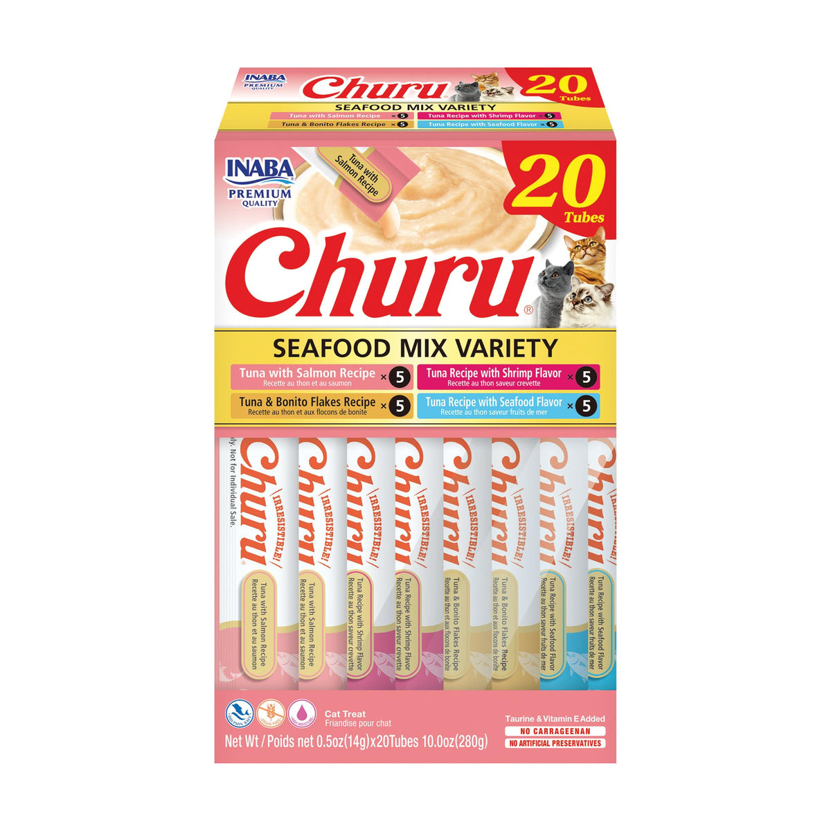 INABA Churu Cat Treats, Lickable, Squeezable Creamy Purée Cat Treat with Green Tea Extract & Taurine, 0.5 Ounces Each Tube, 20 Tubes, Chicken Variety Box