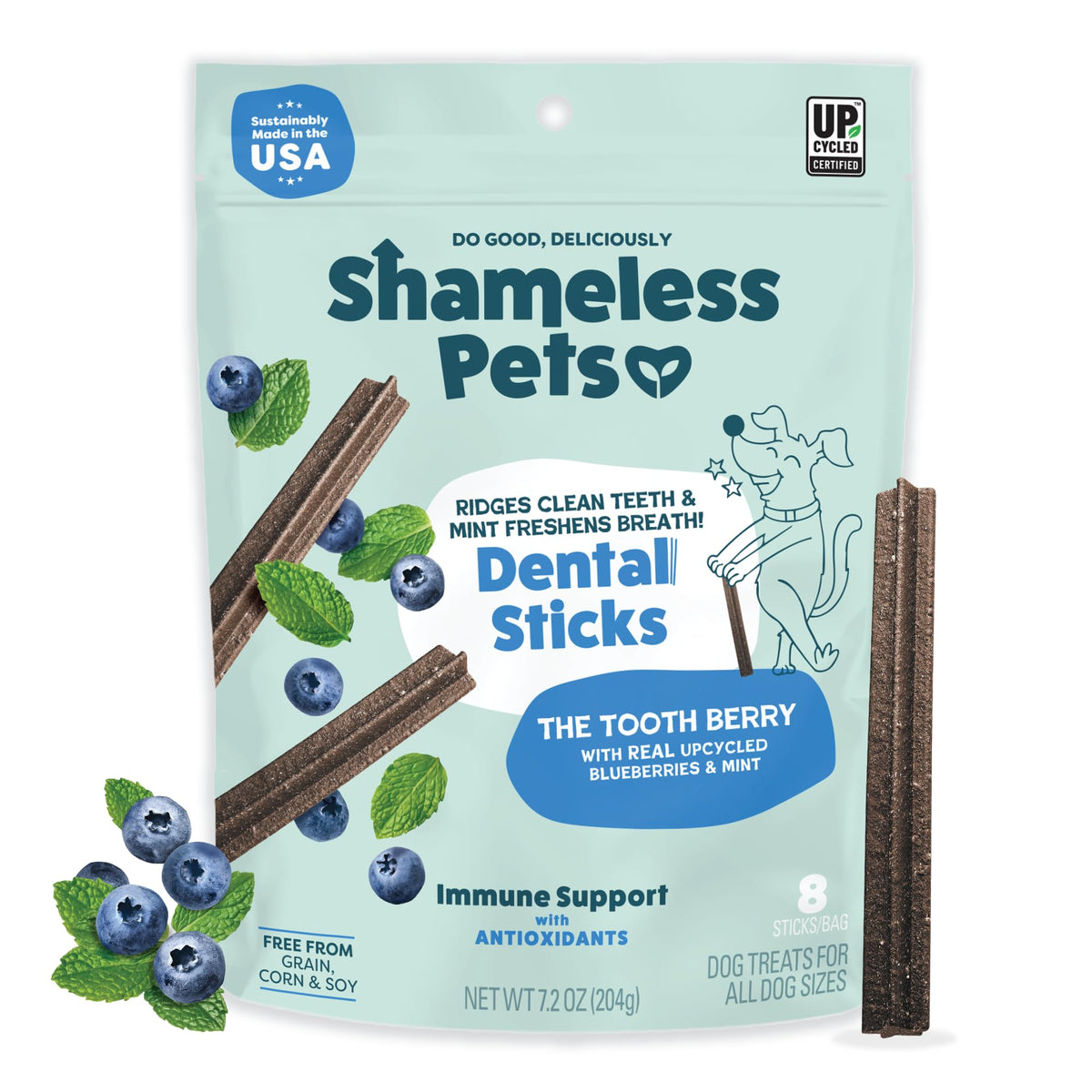 Shameless Pets Blueberry & Mint Dental Chews for Dogs, 8 Chews - Natural Dog Teeth Cleaning Treats with Fresh Breath Benefits | Grain-Free Dental Sticks for Small, Medium & Large Dogs (Pack of 6)