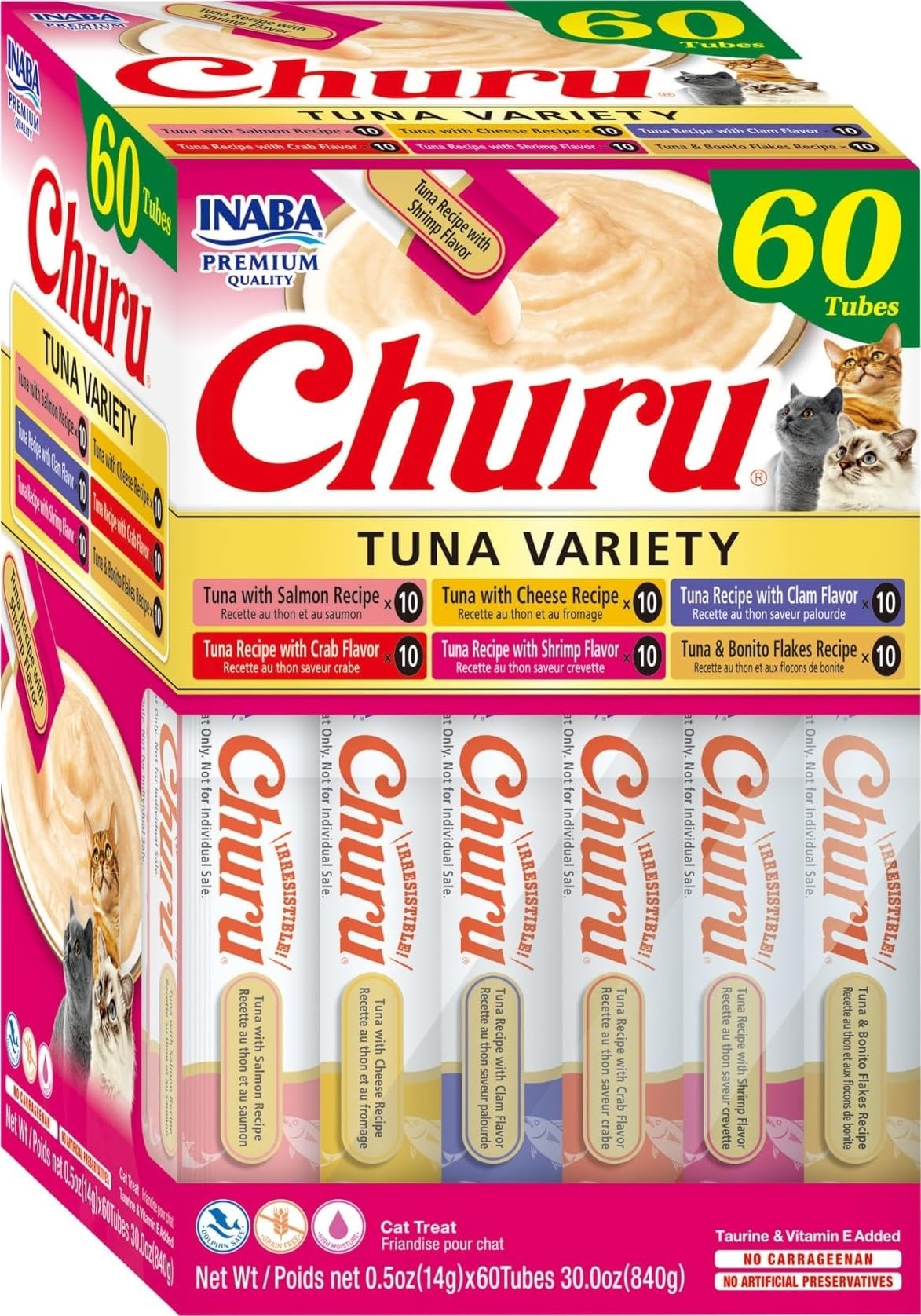 INABA Churu Cat Treats, Lickable, Squeezable Creamy Purée Cat Treat with Green Tea Extract & Taurine, 0.5 Ounces Each Tube, 20 Tubes, Chicken Variety Box
