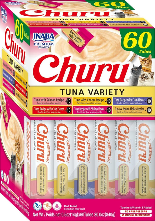 INABA Churu Cat Treats, Lickable, Squeezable Creamy Purée Cat Treat with Green Tea Extract & Taurine, 0.5 Ounces Each Tube, 50 Tubes, Tuna & Chicken Variety