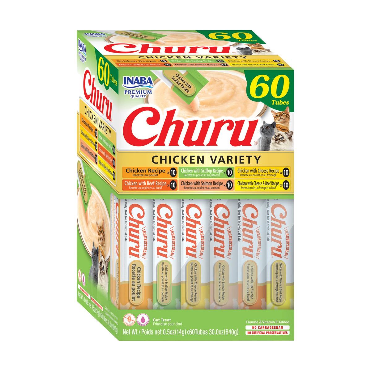 INABA Churu Cat Treats, Lickable, Squeezable Creamy Purée Cat Treat with Green Tea Extract & Taurine, 0.5 Ounces Each Tube, 20 Tubes, Chicken Variety Box