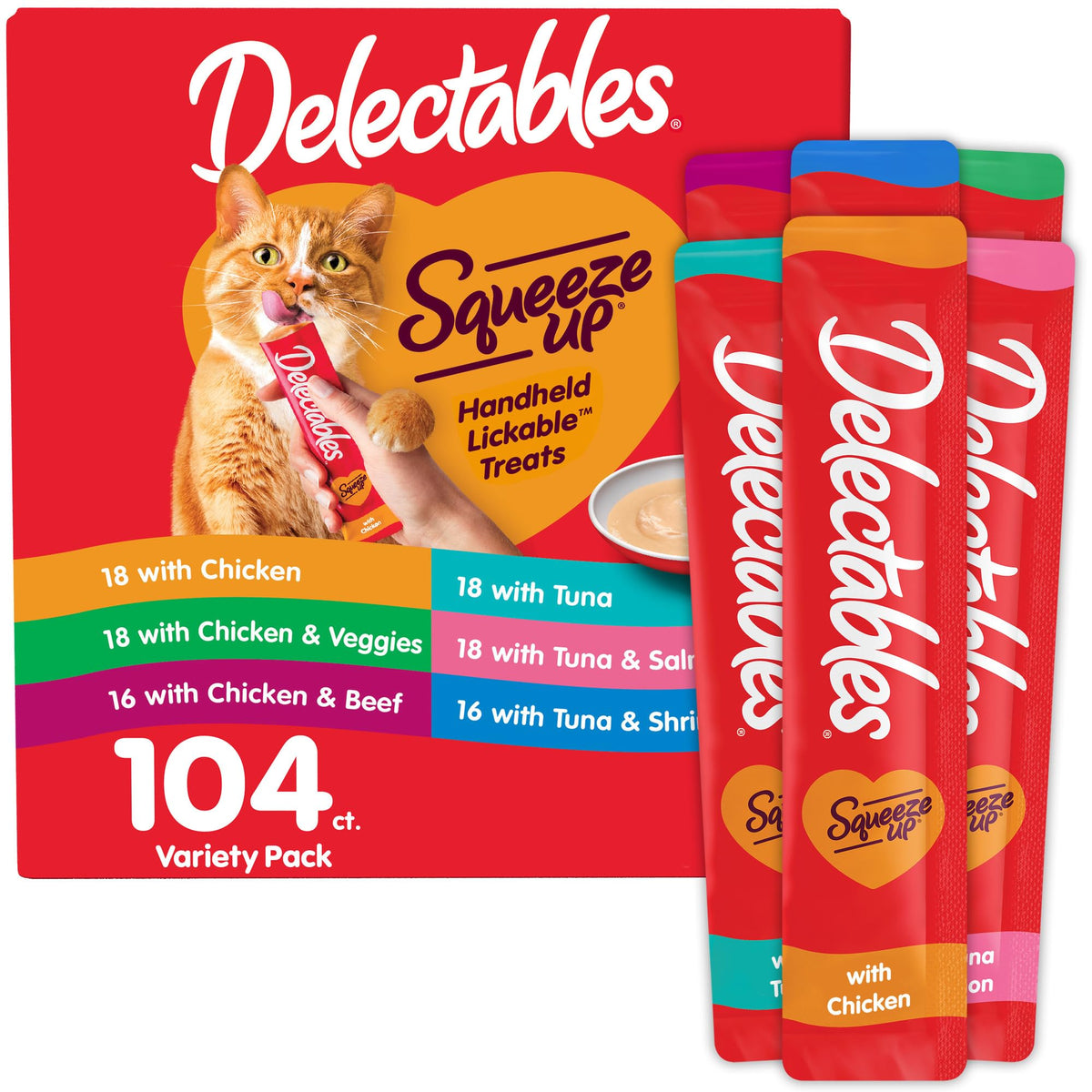 Delectables Squeeze Up Variety Pack, Creamy Squeezable Puree, Lickable Wet Cat Treats, Grain Free, No Added Fillers, No by-Products, No Added Preservatives, 0.5 Ounces Tube, 72 Tubes Total