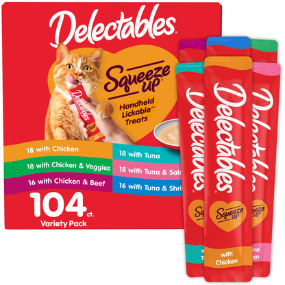 Delectables Squeeze Up Variety Pack, Creamy Squeezable Puree, Lickable Wet Cat Treats, Grain Free, No Added Fillers, No by-Products, No Added Preservatives, 0.5 Ounces Tube, 72 Tubes Total