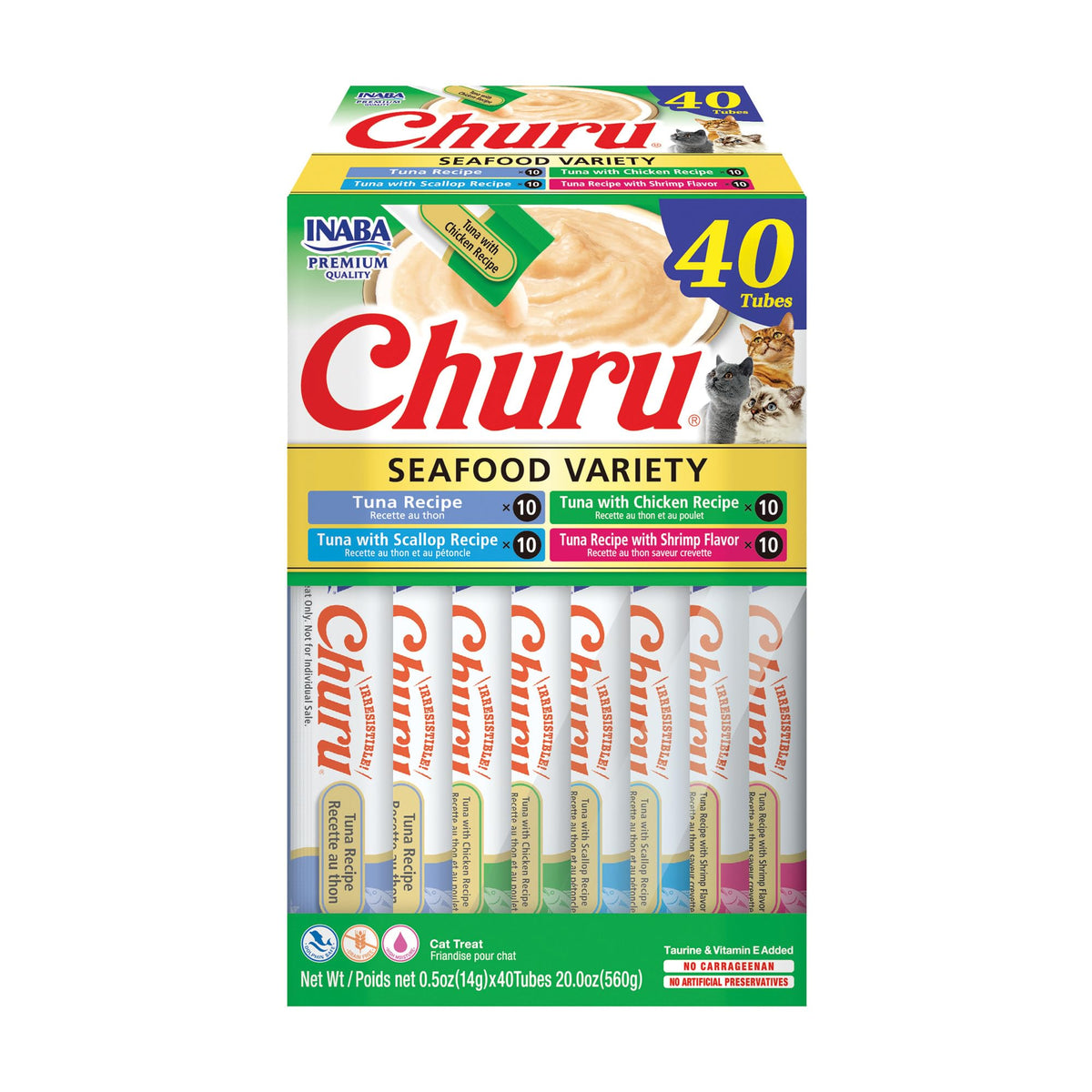 INABA Churu Cat Treats, Lickable, Squeezable Creamy Purée Cat Treat with Green Tea Extract & Taurine, 0.5 Ounces Each Tube, 20 Tubes, Chicken Variety Box