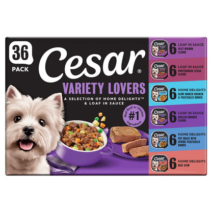 Cesar Wet Dog Food, Steak Lovers Variety Pack, 3.5 oz, 36 Count