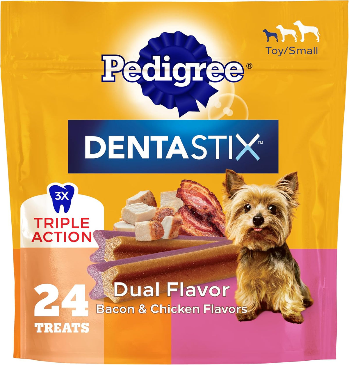 Pedigree Dentastix Small & Toy Dental Dog Treats, Bacon & Chicken, 24 Count