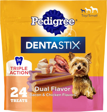 Pedigree Dentastix Small & Toy Dental Dog Treats, Bacon & Chicken, 24 Count