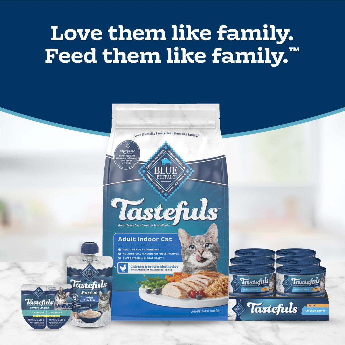 Blue Buffalo Tastefuls Wet Cat Food, Made with Natural Ingredients, Tuna and Chicken Flaked Entrées in Gravy, 3oz Cans, 4-Count Variety Pack Trial Size