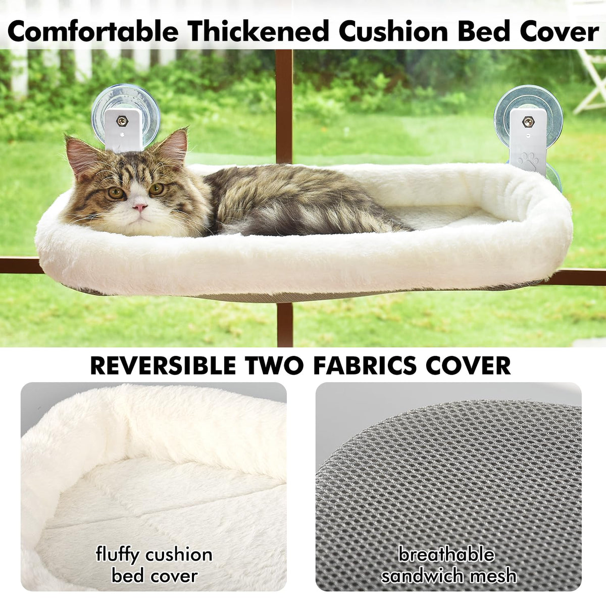 AMOSIJOY Cordless Cat Window Perch with Cushion Bed Metal Frame, L Gray