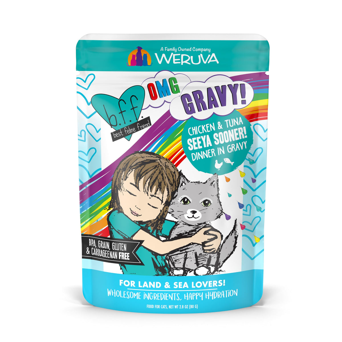 Weruva B.F.F. OMG - Best Feline Friend Oh My Gravy! Tuna & Chicken Charm Me with Tuna & Chicken in Gravy Cat Food, 3oz Pouch (Pack of 48)