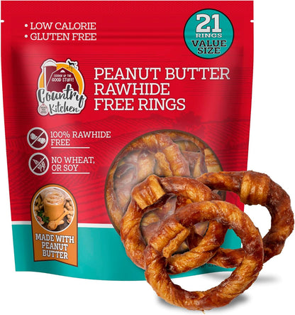 Country Kitchen Rawhide Free, Peanut Butter Rings Dog Chews, 21 Count