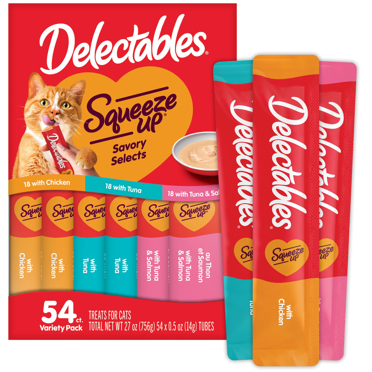 Delectables Squeeze Up Variety Pack, Creamy Squeezable Puree, Lickable Wet Cat Treats, Grain Free, No Added Fillers, No by-Products, No Added Preservatives, 0.5 Ounces Tube, 72 Tubes Total