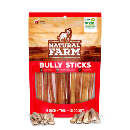Natural Farm Odor-Free Bully Sticks (6 Inch, 25 count),1.3 lb. Bag, Fully Digestible 100% Beef Pizzle Chews,Grass-Fed, Non-GMO,Grain-Free, Natural Long-Lasting Chews for Small & Large Dogs. Pack of 25