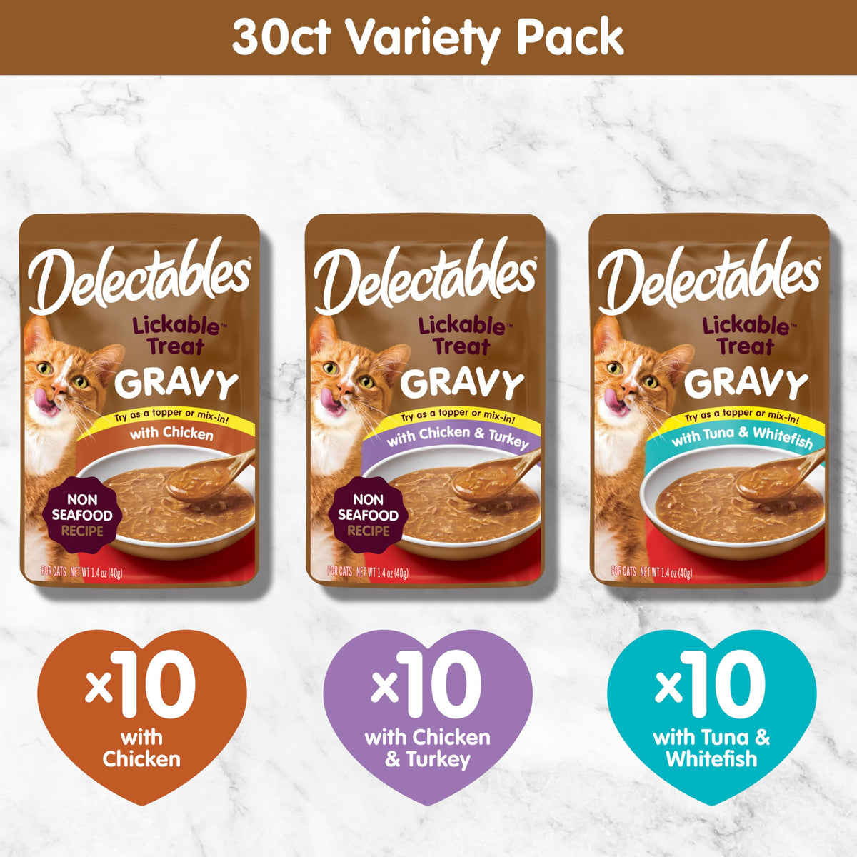 Delectables Lickable Treat Gravy Wet Cat Treat Variety Pack, Food Topper, Hydrating, Grain-Free, No Fillers, By-Products, Added Preservatives, 1.4oz Pouch, 12ct