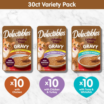 Delectables Lickable Treat Gravy Wet Cat Treat Variety Pack, Food Topper, Hydrating, Grain-Free, No Fillers, By-Products, Added Preservatives, 1.4oz Pouch, 12ct