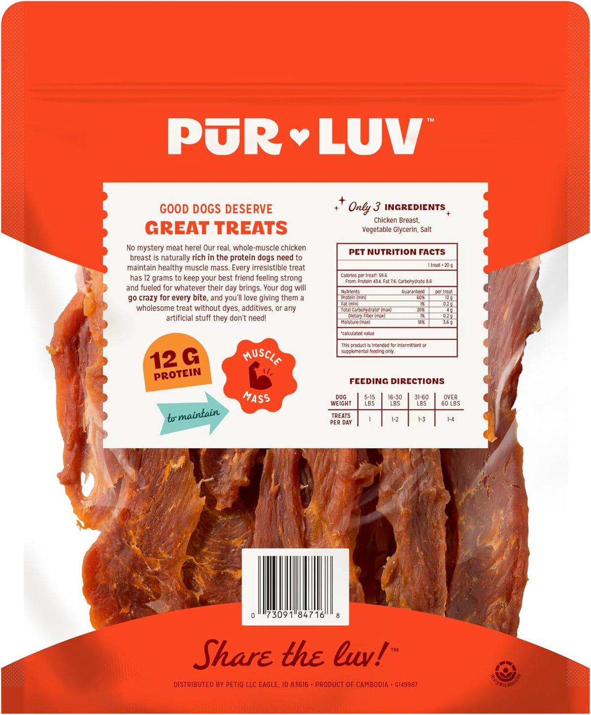 Pur Luv Chicken Jerky Dog Treats,100% Real Chicken Breast, 16 Ounces
