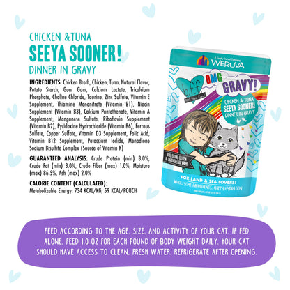 Weruva B.F.F. OMG - Best Feline Friend Oh My Gravy! Tuna & Chicken Charm Me with Tuna & Chicken in Gravy Cat Food, 3oz Pouch (Pack of 48)