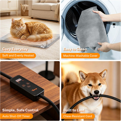 Toozey Cat Heating Pad for Cats & Dogs, Heated Bed Mat, 18 x 16 in, Grey