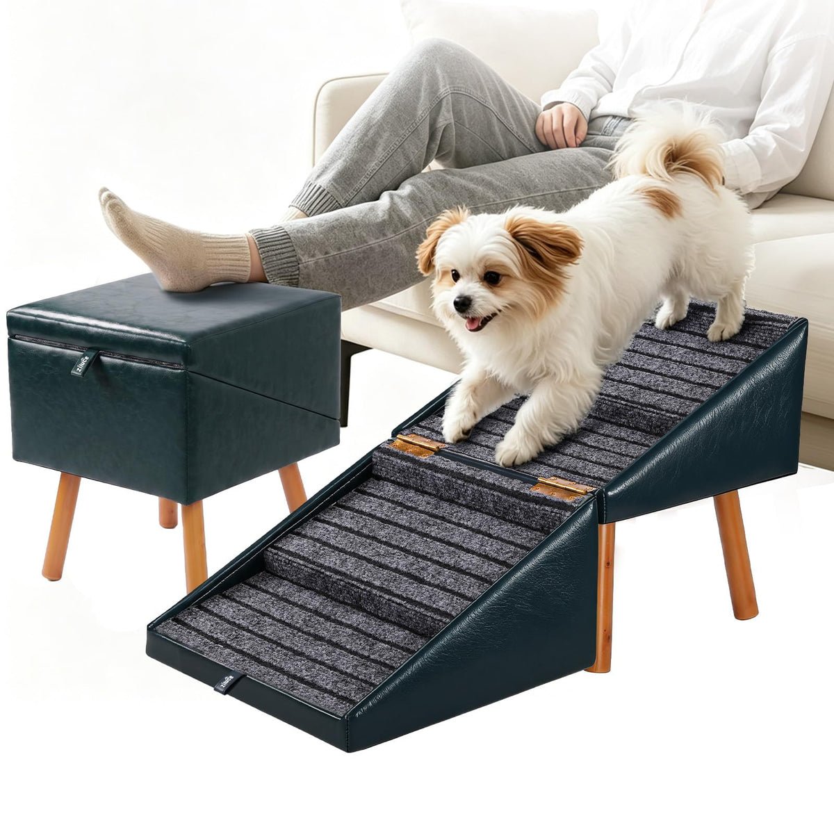 Dog Stairs for Small Dogs Faux Leather Foldable Pet Ramp and Ottoman