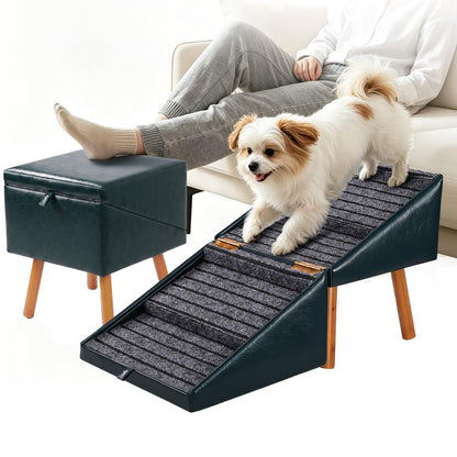 Dog Stairs for Small Dogs Faux Leather Foldable Pet Ramp and Ottoman