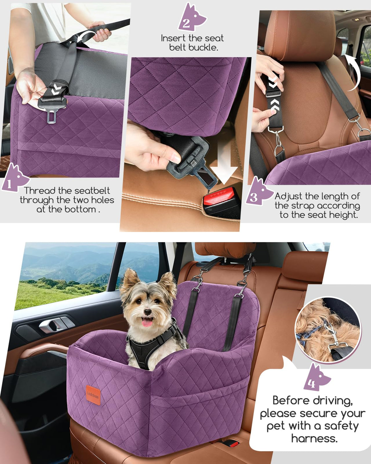 Lealchum Dog Booster Car Seat for S/M Dogs Up to 35lbs,Soft 6in Elevated Cushion,Fits in Front/Back Seat,Fully Detachable and Washable,2 Storage Pockets & 3 Straps,Easy to Install (Black/Brown,Medium)