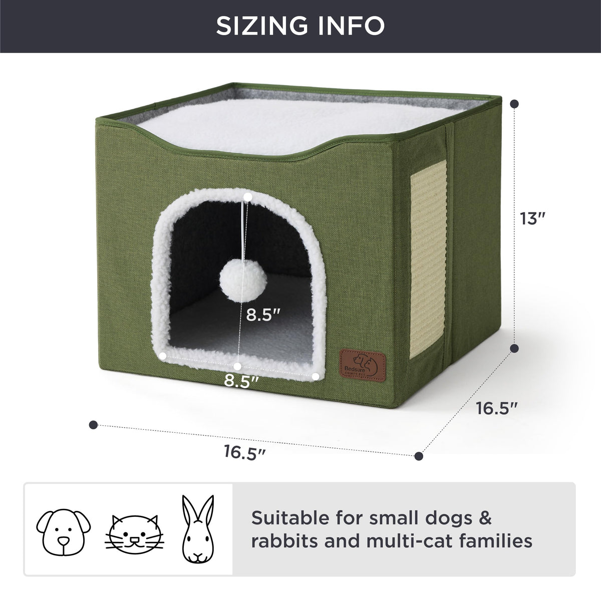 Bedsure Cat House Bed for Indoor Cats with Fluffy Ball and Scratch Pad,Grey