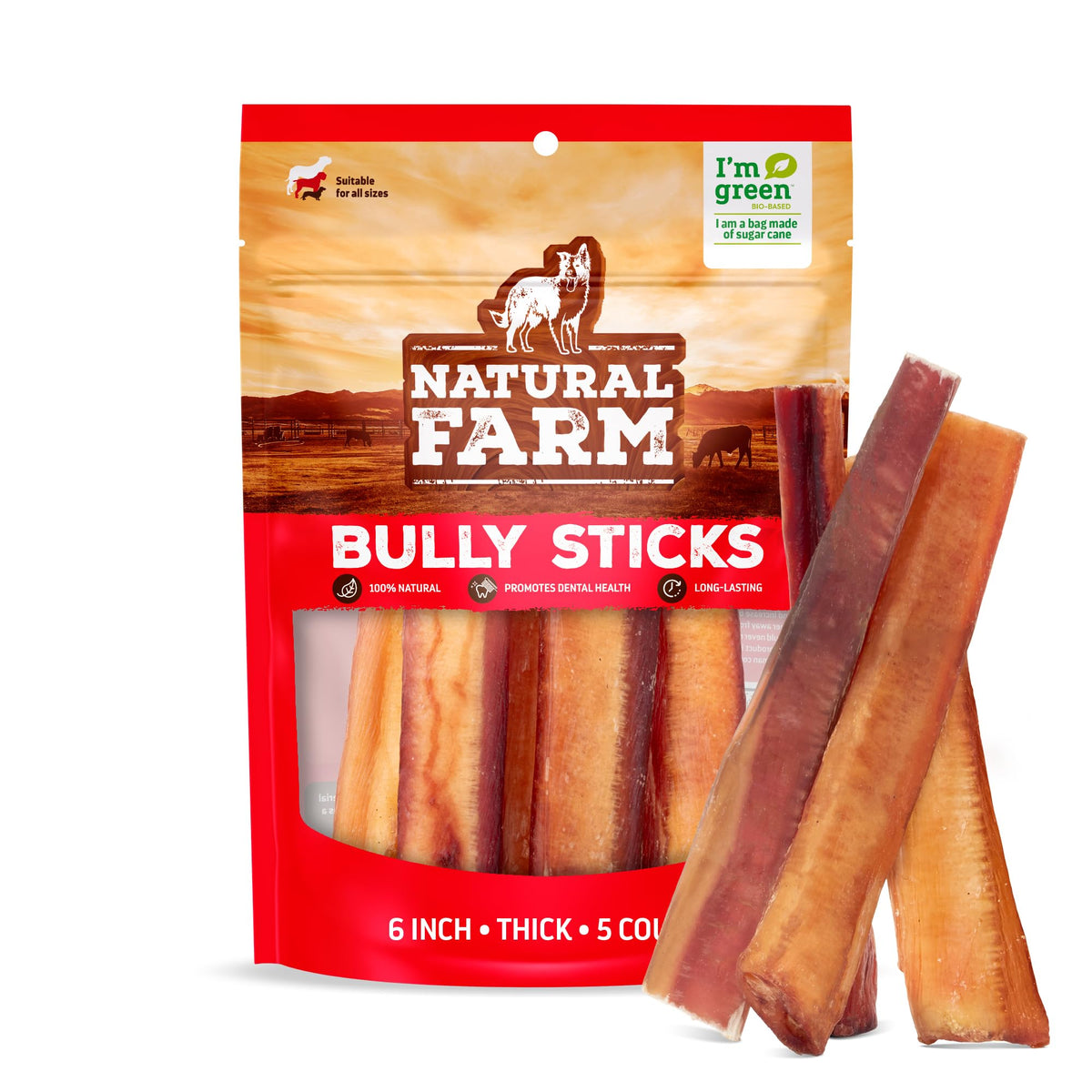 Natural Farm Odor-Free Bully Sticks (6 Inch, 25 count),1.3 lb. Bag, Fully Digestible 100% Beef Pizzle Chews,Grass-Fed, Non-GMO,Grain-Free, Natural Long-Lasting Chews for Small & Large Dogs. Pack of 25
