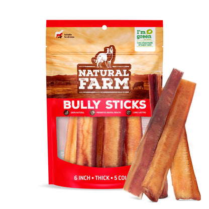 Natural Farm Odor-Free Bully Sticks (6 Inch, 25 count),1.3 lb. Bag, Fully Digestible 100% Beef Pizzle Chews,Grass-Fed, Non-GMO,Grain-Free, Natural Long-Lasting Chews for Small & Large Dogs. Pack of 25