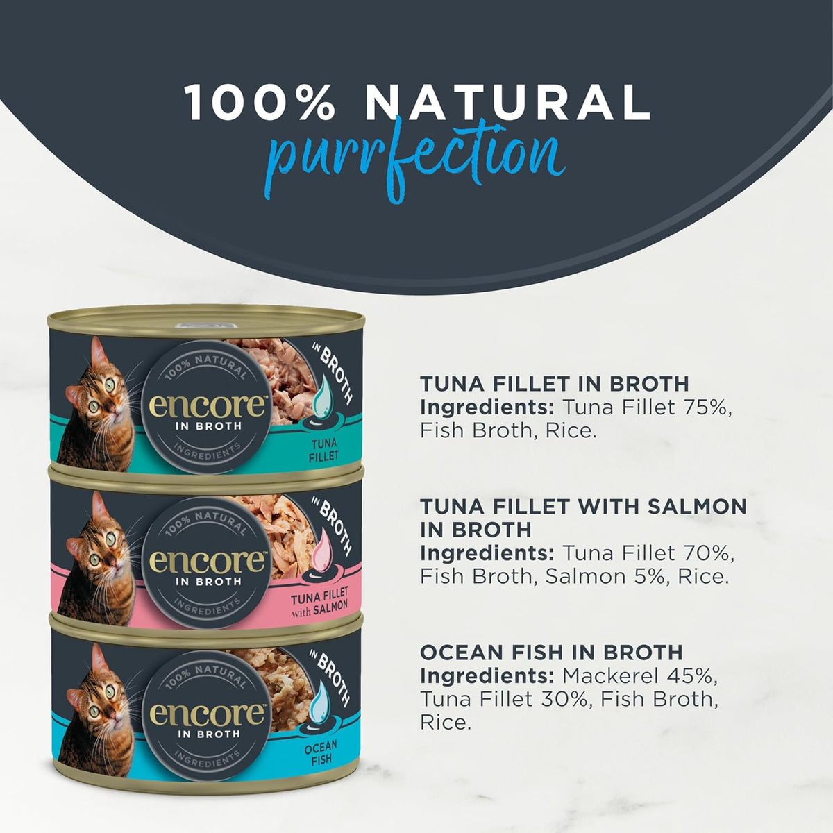 Encore Natural Wet Adult Cat Food, Fish Selection in Broth, 8x70g Tins