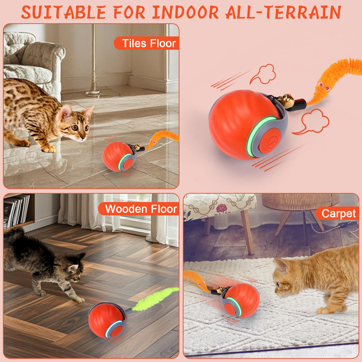 BABORUI Interactive Cat Toy Ball - Automatic Interactive Cat Toys for Indoor Cats with 3 Tails, 2 Speeds Rechargeable Cat Enrichment Toys for Small/Medium/Large Cats to Keep Them Busy(Blue)