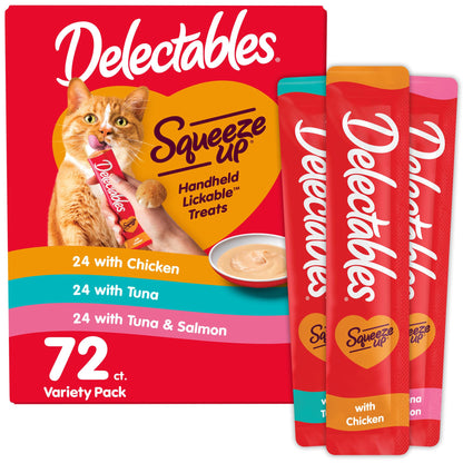Delectables Squeeze Up Variety Pack, Creamy Squeezable Puree, Lickable Wet Cat Treats, Grain Free, No Fillers, by-Products, Preservatives, 0.5 Ounces Tube, 54 Tubes Total