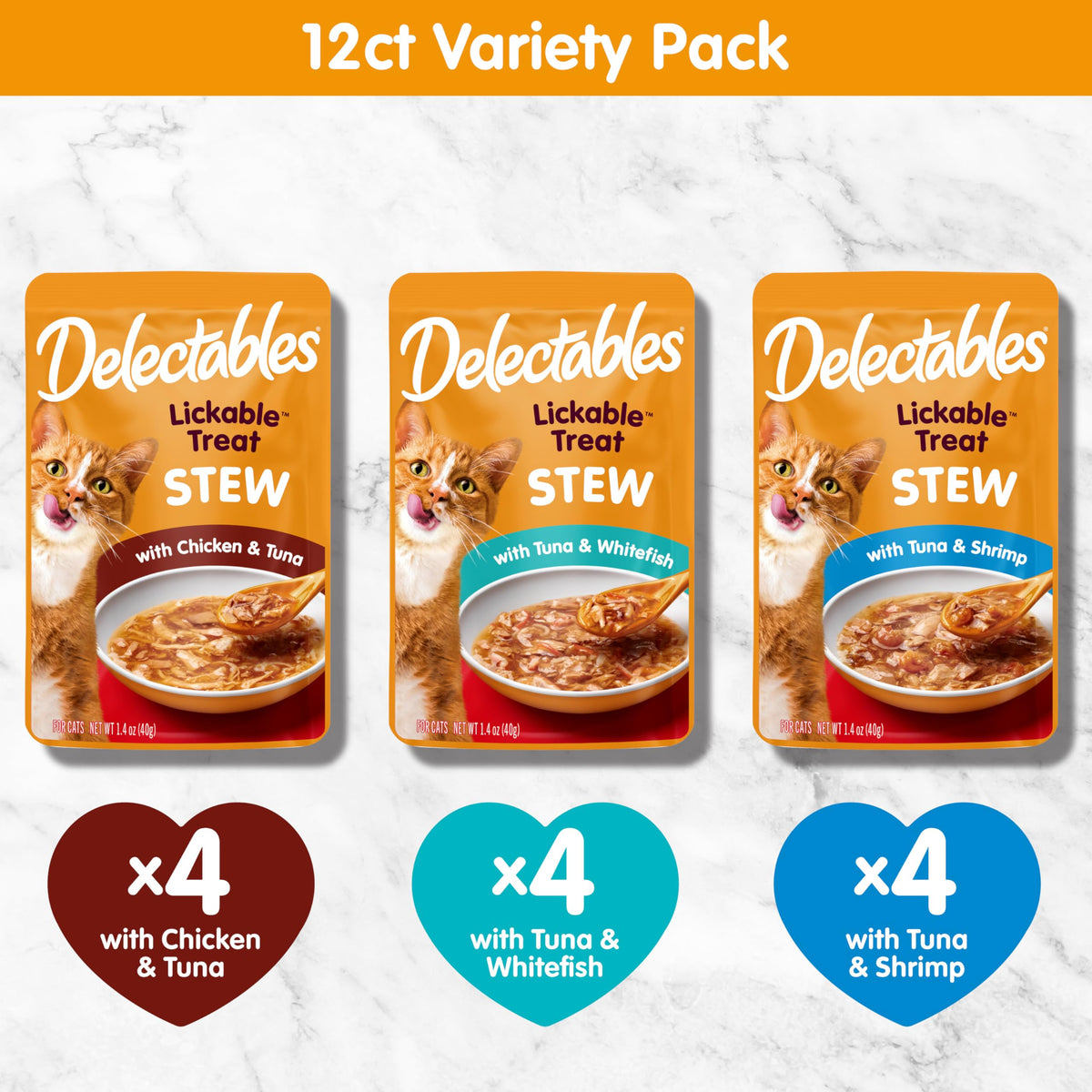 Delectables Lickable Treat Stew Wet Cat Treat with Real Tuna & Shrimp, Food Topper, Hydrating, Grain-Free, No Fillers, No By-Products, No Added Preservatives, 1.4oz Pouch, 12ct