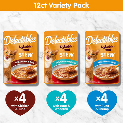 Delectables Lickable Treat Stew Wet Cat Treat with Real Tuna & Shrimp, Food Topper, Hydrating, Grain-Free, No Fillers, No By-Products, No Added Preservatives, 1.4oz Pouch, 12ct